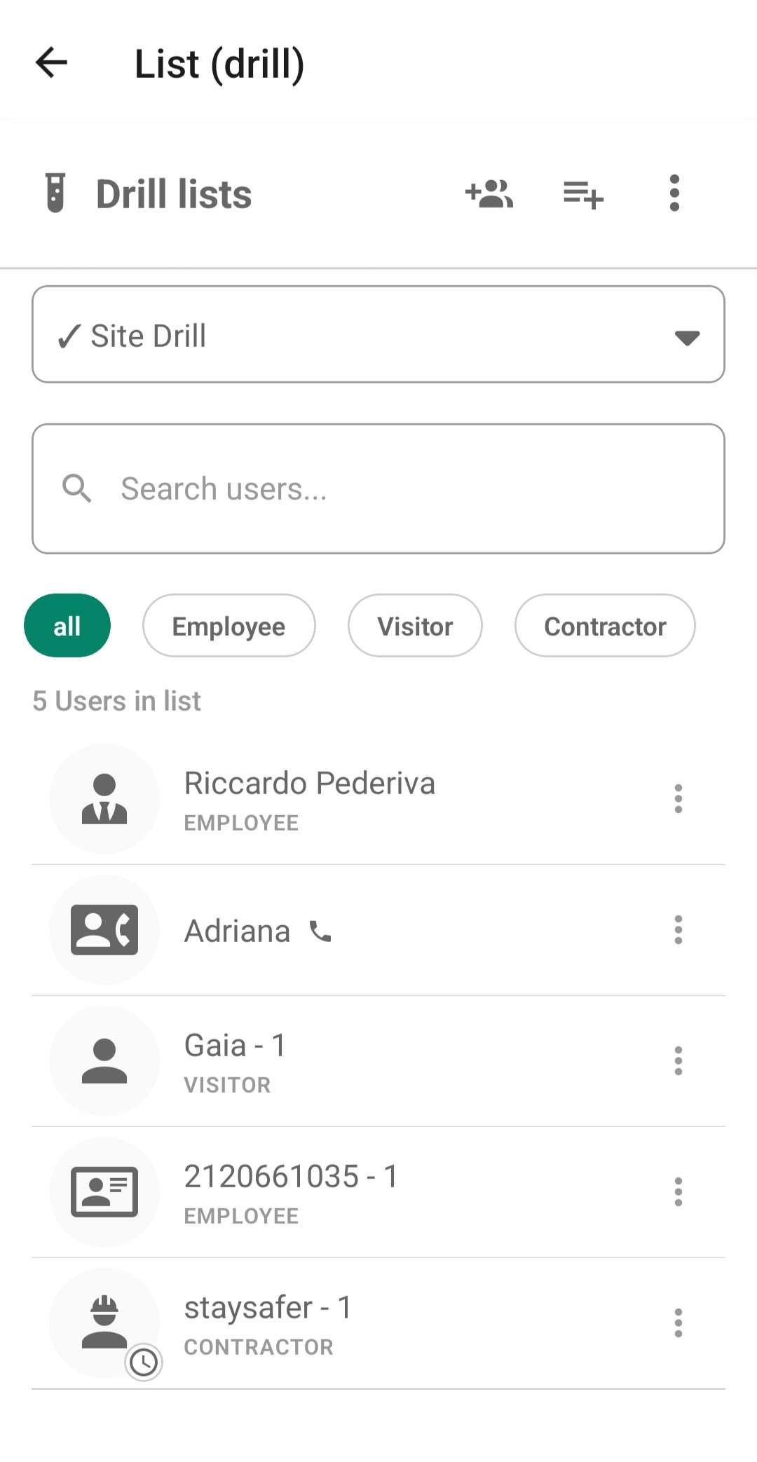 schermata lista esercitazione con dipendenti, visitatori e contractor